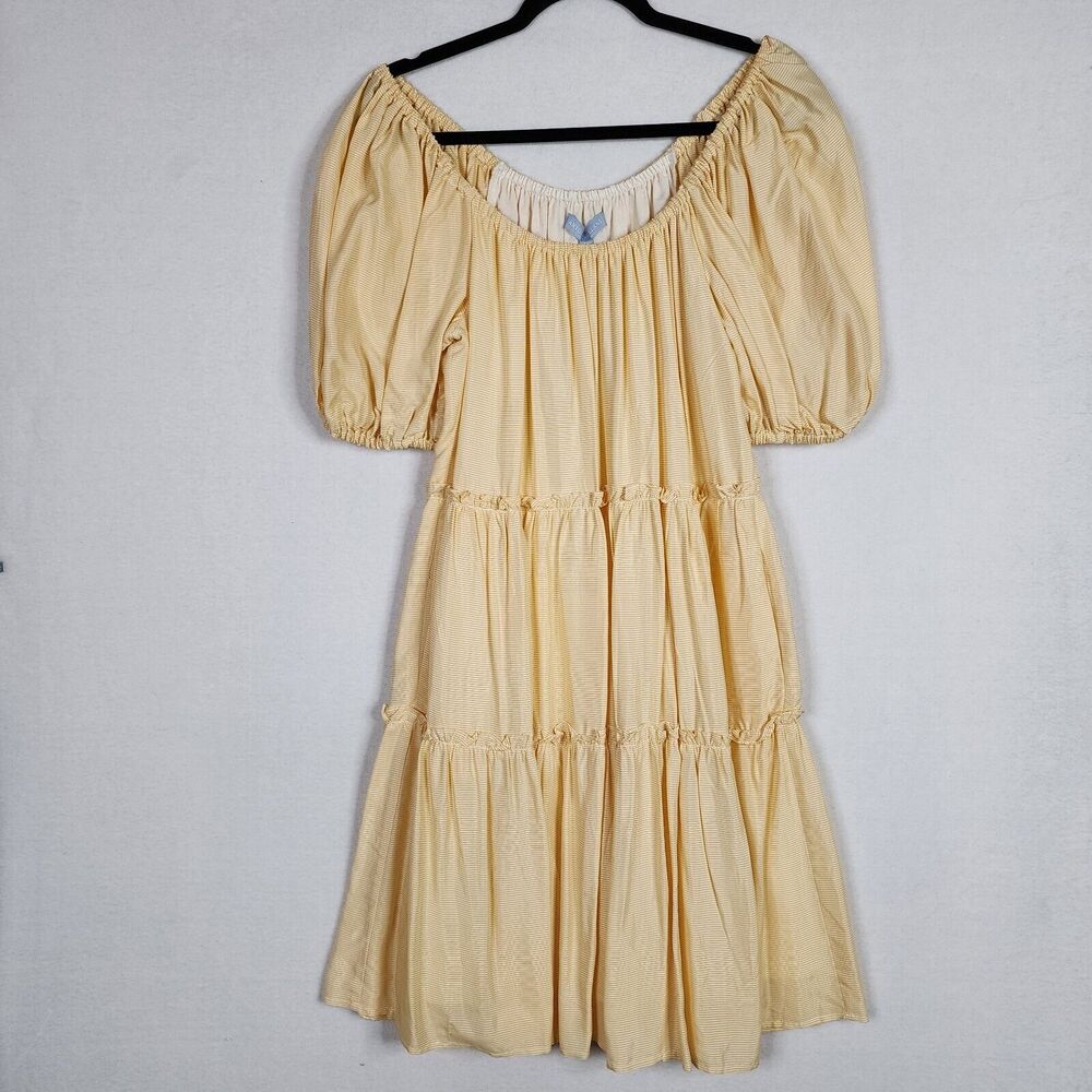 NWT Antonio Melani Taylynn Off Shoulder Yellow Tiered Midi Dress Puff Sleeve Med